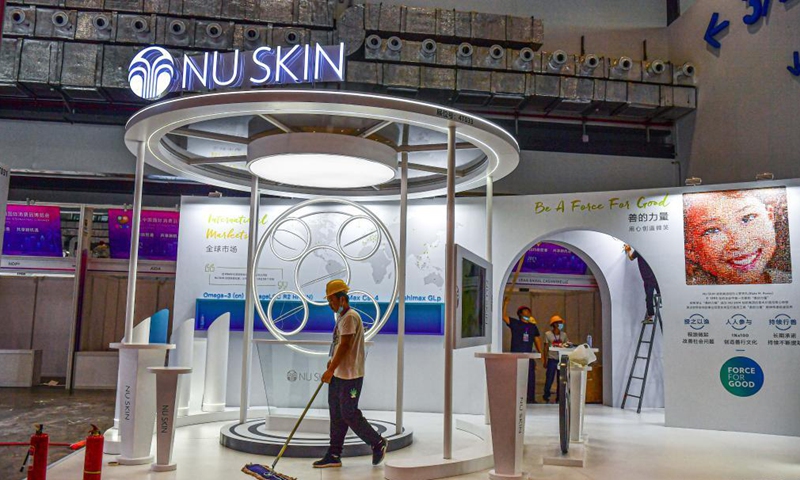 Workers prepare the venue for the first China International Consumer Products Expo at the Hainan International Convention and Exhibition Center in Haikou, south China's Hainan Province, May 1, 2021. The first China International Consumer Products Expo is set to be staged from May 7 to 10.  Photo: Xinhua