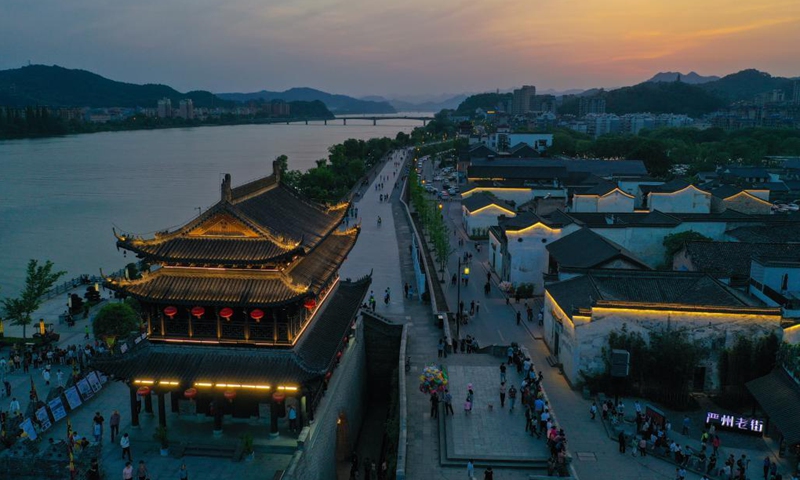 Aerial photo taken on May 2, 2021 shows the night view of Yanzhou ancient city in Meicheng Township, Jiande City of east China's Zhejiang Province. The ancient city received a total of 114,000 visitors on Saturday and Sunday. (Xinhua/Xu Yu)