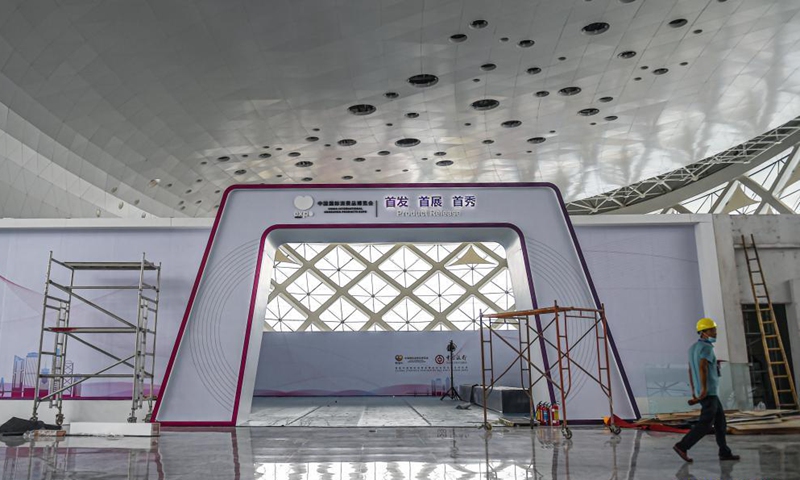 Photo taken on May 1, 2021 shows the venue for the first China International Consumer Products Expo at the Hainan International Convention and Exhibition Center in Haikou, south China's Hainan Province. The first China International Consumer Products Expo is set to be staged from May 7 to 10.  Photo: Xinhua