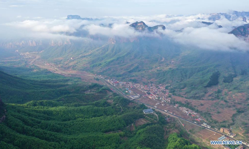 Aerial photo taken on May 3, 2021 shows the ancient Wudang Mountain scenic spot in Wu'an City of Handan, north China's Hebei Province. (Xinhua/Xing Guangli)