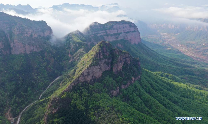 Aerial photo taken on May 3, 2021 shows the ancient Wudang Mountain scenic spot in Wu'an City of Handan, north China's Hebei Province. (Xinhua/Xing Guangli)