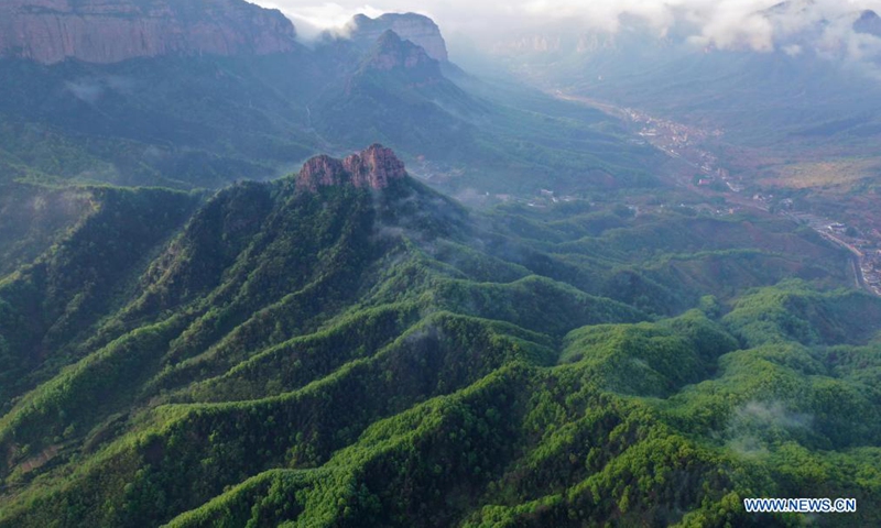 Aerial photo taken on May 3, 2021 shows the ancient Wudang Mountain scenic spot in Wu'an City of Handan, north China's Hebei Province. (Xinhua/Xing Guangli)