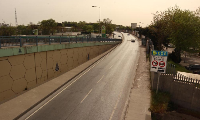 Few cars drive on the street during the lockdown in Istanbul, Turkey, May 3, 2021. Turkey is currently under full lockdown that began on Thursday and will last until May 17, in an attempt to reduce the growing COVID-19 cases ahead of the tourism season. (Xinhua/Xu Suhui)