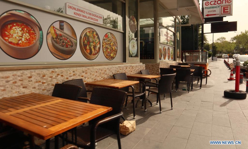 A restaurant is seen closed during the lockdown in Istanbul, Turkey, May 3, 2021. Turkey is currently under full lockdown that began on Thursday and will last until May 17, in an attempt to reduce the growing COVID-19 cases ahead of the tourism season. (Xinhua/Xu Suhui)