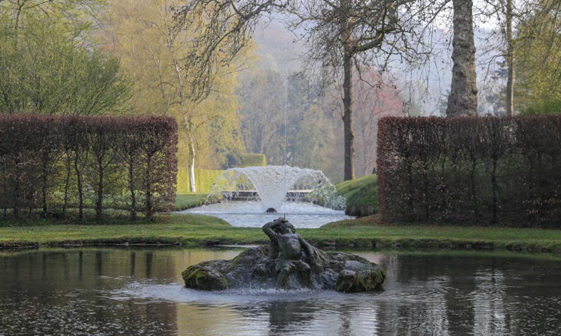 A pond and a fountain are seen in the Water Gardens of Annevoie in Annevoie-Rouillon, Namur, Belgium, May 1, 2021. Photo: Xinhua