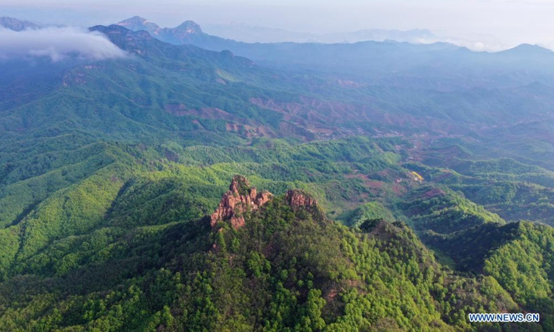 Aerial photo taken on May 3, 2021 shows the ancient Wudang Mountain scenic spot in Wu'an City of Handan, north China's Hebei Province. (Xinhua/Xing Guangli)