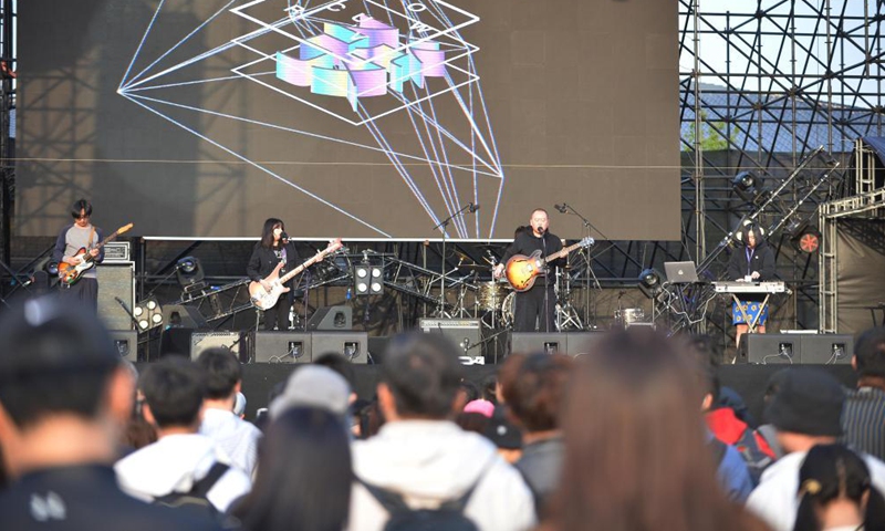 A band performs at the Strawberry Music Festival in Beijing, capital of China, May 2, 2021. The 2021 Strawberry Music Festival is held at Beijing Expo Park from May 2 to May 4. (Xinhua/Xiao Xiao)