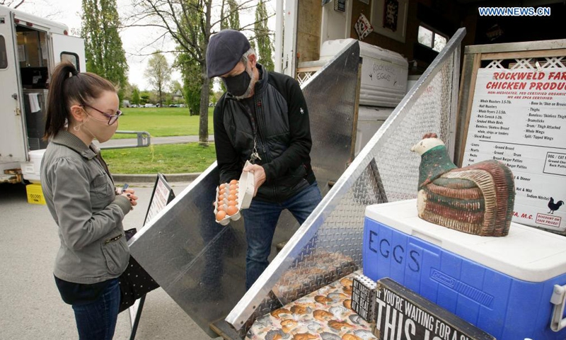 A farmer shows eggs to a customer at a summer Vancouver farmers market in Vancouver, British Columbia, Canada, on May 1, 2021. The 2021 summer Vancouver Farmers Markets kicked off on Saturday and will run till October in several locations across the city.   Photo: Xinhua