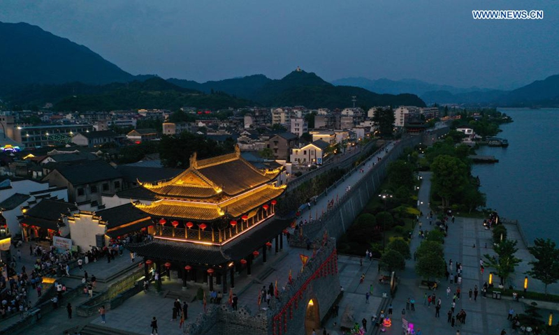 Aerial photo taken on May 2, 2021 shows the night view of Yanzhou ancient city in Meicheng Township, Jiande City of east China's Zhejiang Province. The ancient city received a total of 114,000 visitors on Saturday and Sunday. (Xinhua/Xu Yu)