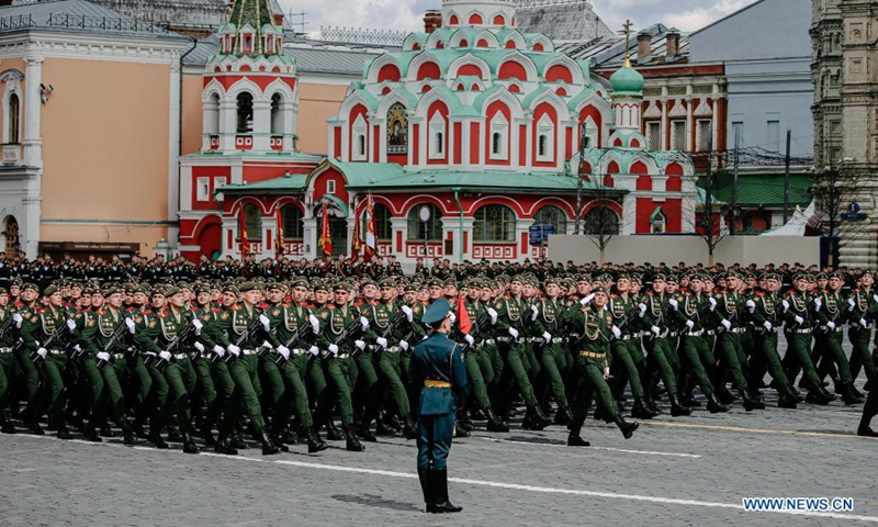 Servicemen march during a rehearsal of the Victory Day parade in Moscow, Russia, May 7, 2021. Russia will hold military parades across the country to commemorate the 76th anniversary of the Soviet victory in the Great Patriotic War on May 9. Photo:Xinhua