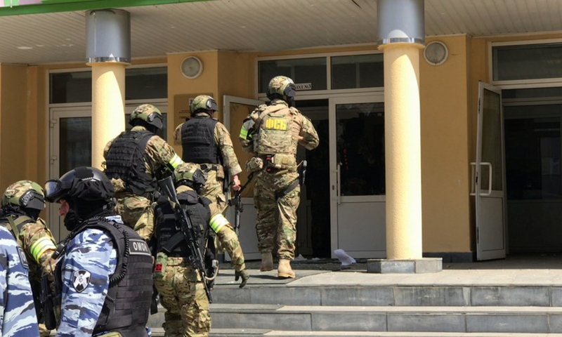 A photo published by Russia's National Anti-terrorism Committee shows that law enforcers are working at the scene of the armed attack in Kazan on May 11, 2021.(Photo: Xinhua)