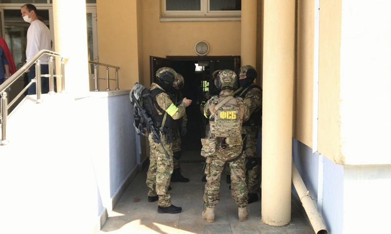 A photo published by Russia's National Anti-terrorism Committee shows that law enforcers are working at the scene of the armed attack in Kazan on May 11, 2021. (Photo: Xinhua)