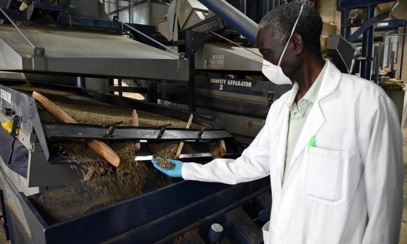A worker goes about his work at a state-owned milling plant in Nairobi, capital of Kenya, April 3, 2020. (Photo: Xinhua)