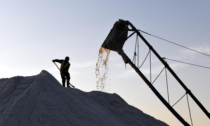 A worker operates on a salt pile in a salt field at Binhai Township, Zhanhua District, Binzhou City of east China's Shandong Province, on May 18, 2021. Workers have started harvesting spring salt from the 600,000-mu (40,000 hectares) of salt fields at Binhai Township. The total output is expected to hit 500,000 tons when the harvest work concludes by the end of June. Photo:Xinhua