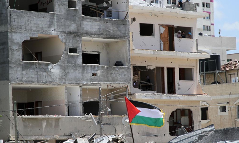 Photo taken on May 22, 2021 shows the damaged governmental building attacked by Israeli airstrikes in Gaza city.Photo:Xinhua