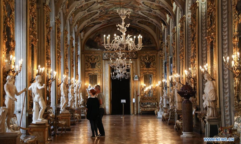 Visitors view exhibits at the Doria Pamphilj Gallery in Rome, Italy, May 21, 2021. As Italy began easing coronavirus health restrictions, many sites including the Doria Pamphilj Gallery have reopened to visitors, with a series of precautions being taken, such as limiting number of visitors and requiring visitors to reserve precise entry times.Photo:Xinhua