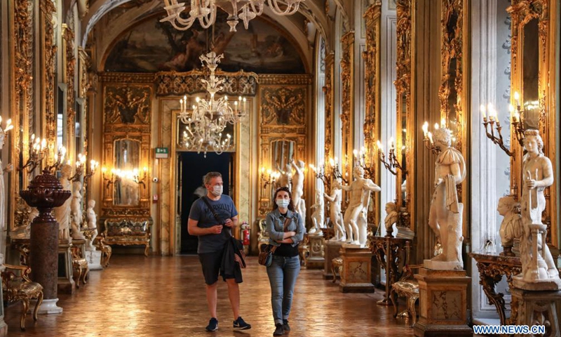 Visitors view exhibits at the Doria Pamphilj Gallery in Rome, Italy, May 21, 2021. As Italy began easing coronavirus health restrictions, many sites including the Doria Pamphilj Gallery have reopened to visitors, with a series of precautions being taken, such as limiting number of visitors and requiring visitors to reserve precise entry times.Photo:Xinhua