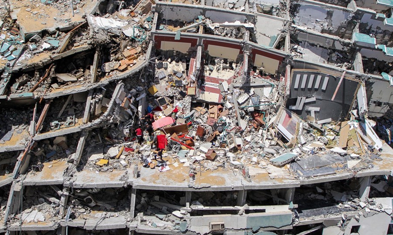 An areial view of the Jala Tower destroyed by Israeli airstrikes, in Gaza City, on May 23, 2021.(Photo: Xinhua)