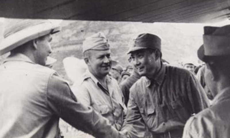 Colonel David D. Barrett (middle) introduces Chief of Staff Ye Jianying to the Observer Section