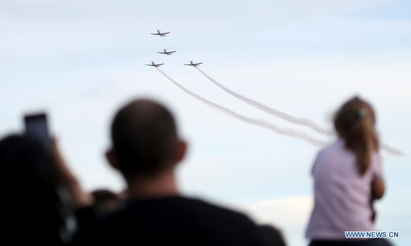 The aerobatic team Storm Wings of the Croatian Air Force performs on the occasion of 30th anniversary of Croatian Armed Forces in Zagreb, Croatia, May 28, 2021.    Photo: Xinhua