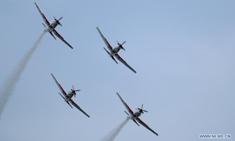 The aerobatic team Storm Wings of the Croatian Air Force performs on the occasion of 30th anniversary of Croatian Armed Forces in Zagreb, Croatia, May 28, 2021.   Photo: Xinhua