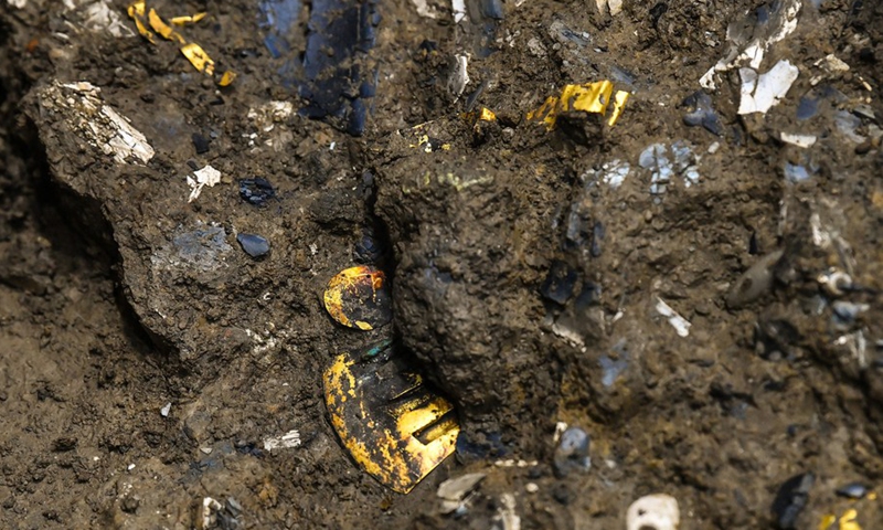 Photo taken on March 19, 2021 shows gold foil unearthed from a sacrificial pit at the Sanxingdui Ruins site in southwest China's Sichuan Province.(Photo: Xinhua)