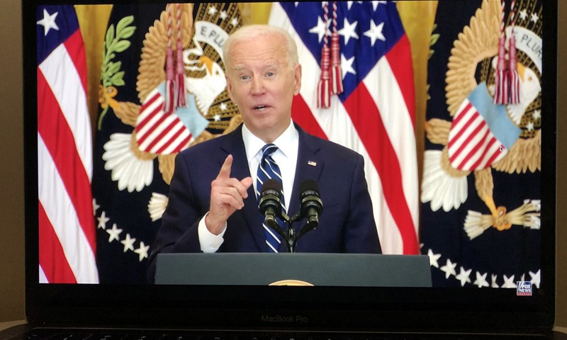 Photo taken in Arlington, Virginia, the United States, on March 25, 2021 shows a screen displaying U.S. President Joe Biden speaking during a press conference in Washington, D.C., in a live stream provided by Fox News.(Photo: Xinhua)
