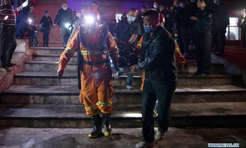 Rescuers transfer a miner from the site of a coal mine accident in Jixi City of northeast China's Heilongjiang Province, June 6, 2021. All the eight miners trapped in a coal mine after a coal and gas outburst in Jixi City of northeast China's Heilongjiang Province have been lifted to the ground, rescuers said Sunday.(Photo: Xinhua)