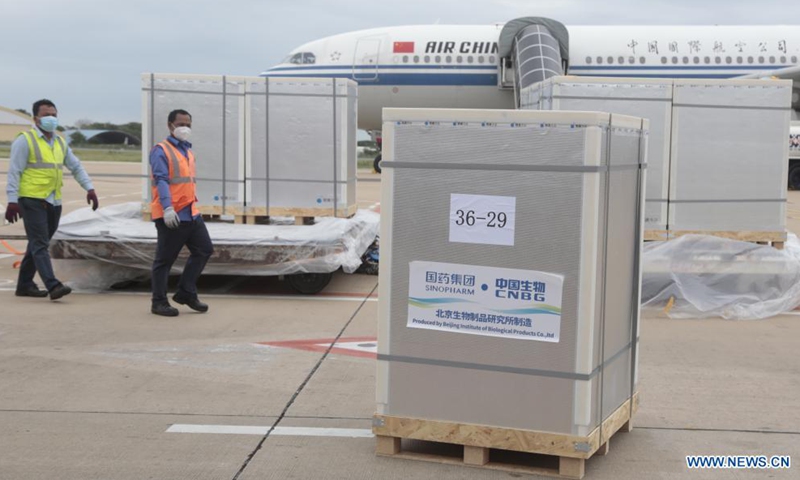 Photo taken on June 12, 2021 shows boxes of Chinese COVID-19 vaccines arriving at the Phnom Penh International Airport in Phnom Penh, Cambodia. Cambodia Saturday received another batch of China's Sinopharm COVID-19 vaccine, boosting the Southeast Asian nation in its inoculation drive.Photo:Xinhua