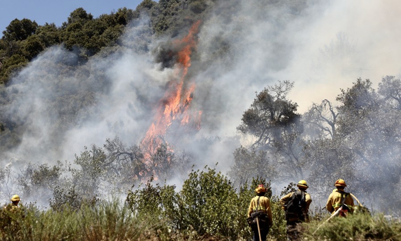 Firefighters battle against a wildfire in Riverside County of Southern California, the United States, Aug. 2, 2020.(Photo: Xinhua)