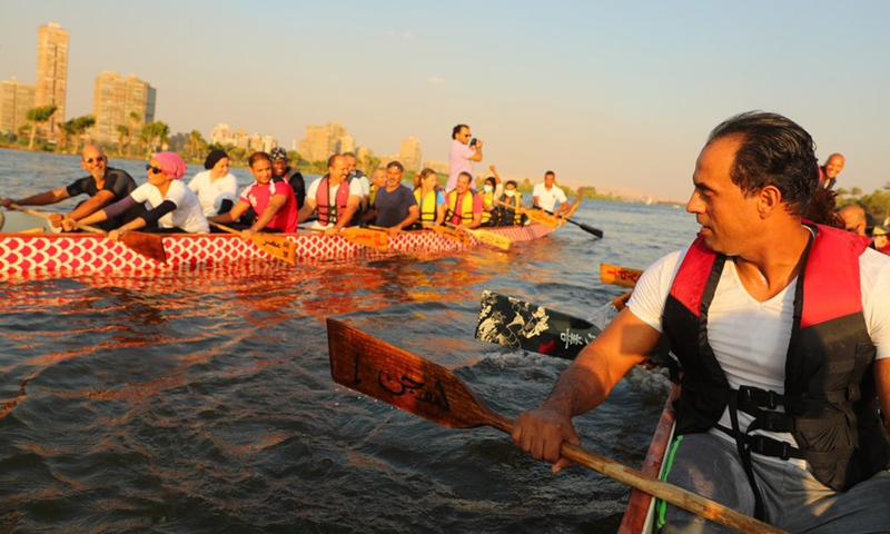 Paddlers compete in a dragon boat race on the Nile in Cairo, Egypt, on June 14, 2021.(Photo: Xinhua)