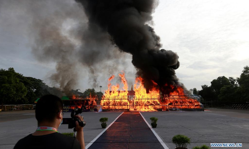 Seized drugs are burnt in Yangon, Myanmar, June 26, 2021. Myanmar ceremonially incinerated seized narcotic drugs in the cities of Yangon, Mandalay and Taunggyi on Saturday, marking the International Day against Drug Abuse and Illicit Trafficking. (Photo: Xinhua)