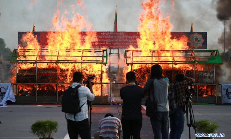 Seized drugs are burnt in Yangon, Myanmar, June 26, 2021. Myanmar ceremonially incinerated seized narcotic drugs in the cities of Yangon, Mandalay and Taunggyi on Saturday, marking the International Day against Drug Abuse and Illicit Trafficking. (Photo: Xinhua)