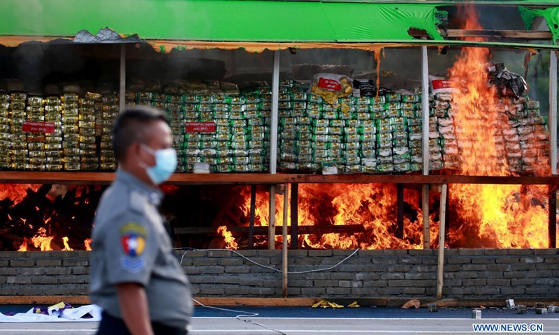 Seized drugs are burnt in Yangon, Myanmar, June 26, 2021. Myanmar ceremonially incinerated seized narcotic drugs in the cities of Yangon, Mandalay and Taunggyi on Saturday, marking the International Day against Drug Abuse and Illicit Trafficking.(Photo: Xinhua)