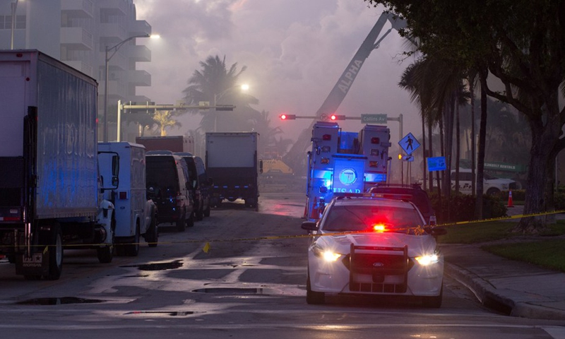 Rescuers work at the site of the residential building collapse in Miami-Dade County, Florida, the United States, on June 26, 2021.(Photo: Xinhua)