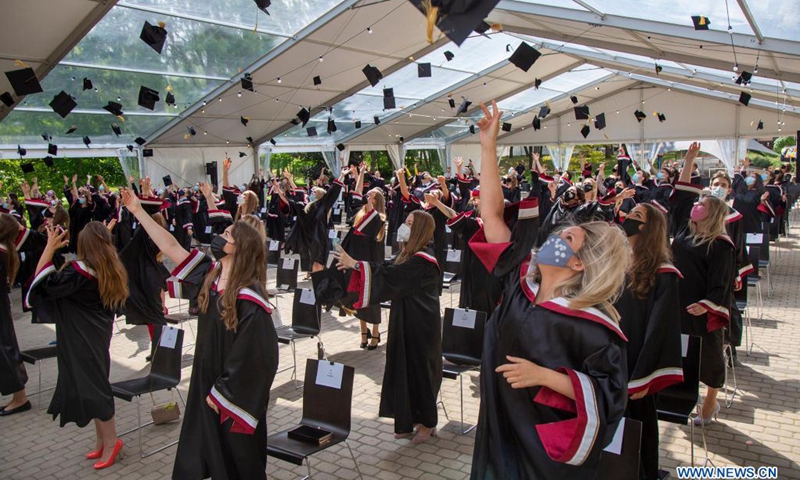 Students throw their mortarboards in the air during a graduation ceremony at Riga Stradins University in Riga, Latvia, on June 29, 2021.(Photo: Xinhua)