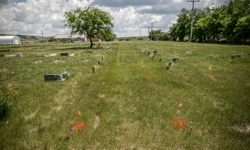 Flag marks are seen at the site of unmarked graves near a former indigenous residential school in Saskatchewan, Canada, on June 27, 2021.(Photo: Xinhua)
