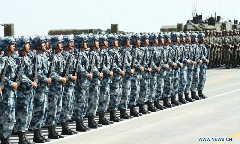 Troops are reviewed, as part of the commemorations to mark the 90th founding anniversary of the People's Liberation Army (PLA) at Zhurihe training base in north China's Inner Mongolia Autonomous Region, July 30, 2017.(Photo: Xinhua)
