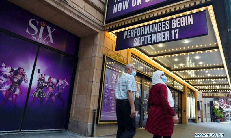 Pedestrians walk past a broadway theater in New York, the United States, July 2, 2021. U.S. employers added 850,000 jobs in June, with unemployment rate unexpectedly edging up to 5.9 percent, the U.S. Labor Department reported Friday. The latest data followed downwardly revised job growth of 269,000 in April and upwardly revised increase of 583,000 in May, indicating a bumpy road in labor market recovery.Photo:Xinhua