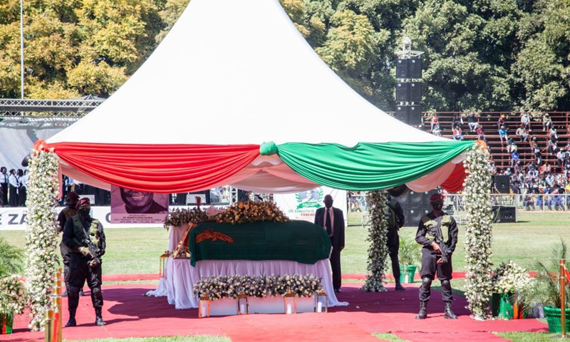 The casket of Zambia's first President Kenneth Kaunda is seen during a state funeral in Lusaka, Zambia, on July 2, 2021. Zambia on Friday held a grand funeral for the country's first President Kenneth Kaunda.Photo:Xinhua