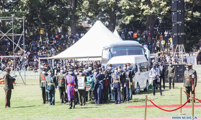 Soldiers carry the casket of Zambia's first President Kenneth Kaunda during a state funeral in Lusaka, Zambia, on July 2, 2021. Zambia on Friday held a grand funeral for the country's first President Kenneth Kaunda.Photo:Xinhua