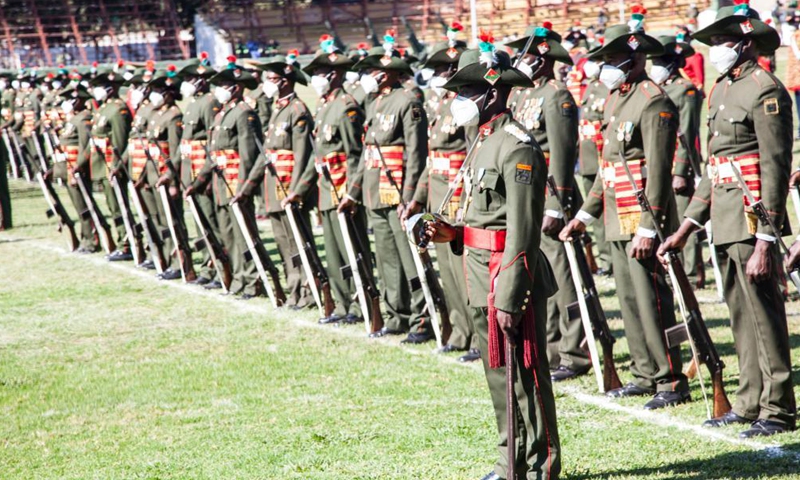 Soldiers stand at a state funeral for Zambia's first President Kenneth Kaunda in Lusaka, Zambia, on July 2, 2021. Zambia on Friday held a grand funeral for the country's first President Kenneth Kaunda.Photo:Xinhua