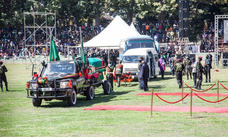 The casket of Zambia's first President Kenneth Kaunda arrives during a state funeral in Lusaka, Zambia, on July 2, 2021. Zambia on Friday held a grand funeral for the country's first President Kenneth Kaunda.Photo:Xinhua