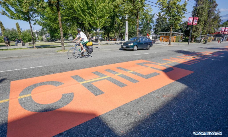 An Every Child Matters street mural is seen on Commercial Drive in Vancouver, British Columbia, Canada, on July 3, 2021. The street mural was painted to honor victims and survivors of former indigenous residential schools.(Photo: Xinhua)