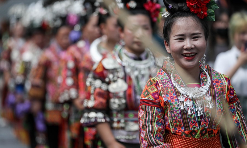 People of the Miao ethnic group are seen at Wanda Town of Danzhai County in Qiandongnan Miao and Dong Autonomous Prefecture, southwest China's Guizhou Province, May 15, 2021.(Photo: Xinhua)