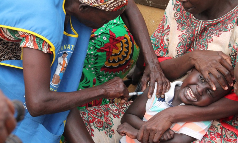 A health worker administers a measles vaccine at Al-Sabah Children's hospital in Juba, capital of South Sudan, Feb. 4, 2020. (Photo: Xinhua)