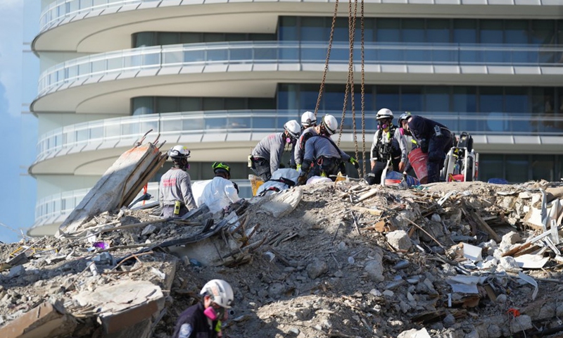 Photo released on July 2, 2021 shows first responders rescuing survivors from a partially collapsed residential building in Miami-Dade County, Florida, the United States.(Photo: Xinhua)