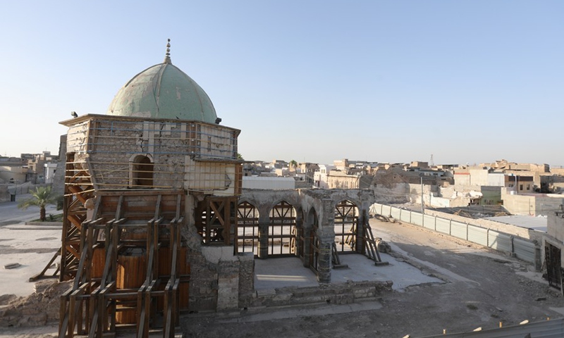 Photo taken on July 3, 2021 shows the destroyed framework and dome of the Al-Nuri Mosque in Mosul, Iraq.(Photo: Xinhua)