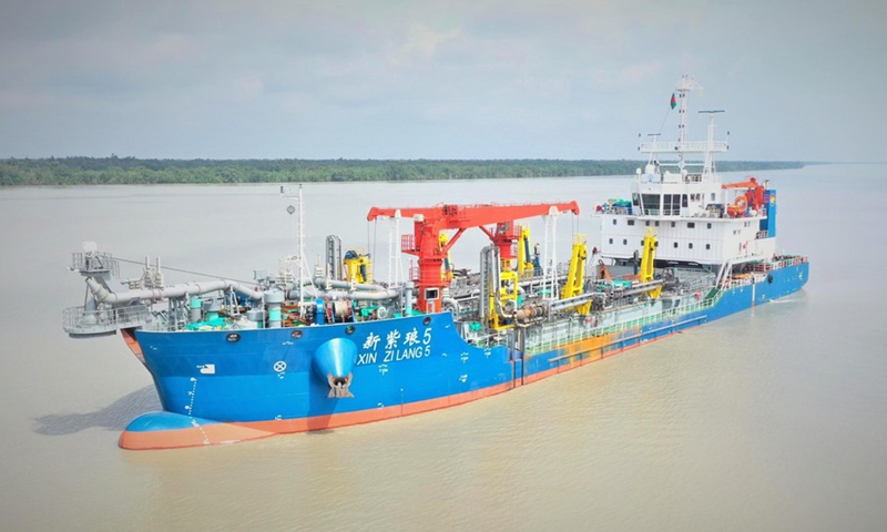 Xin Hai Xu, a cutter suction dredger, enters the dredging site from the anchorage of Mongla seaport in Bagerhat, Bangladesh on April 2, 2021.(Photo: Xinhua)