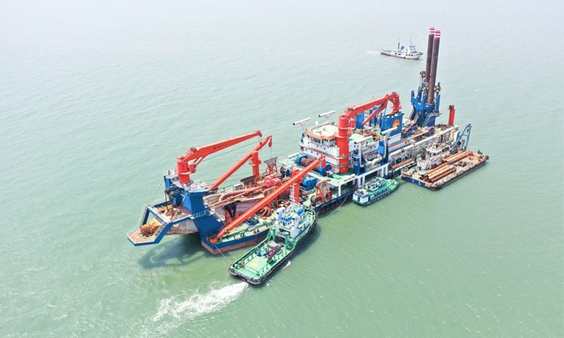 Xin Hai Xu, a cutter suction dredger, enters the dredging site from the anchorage of Mongla seaport in Bagerhat, Bangladesh on April 2, 2021.(Photo: Xinhua)